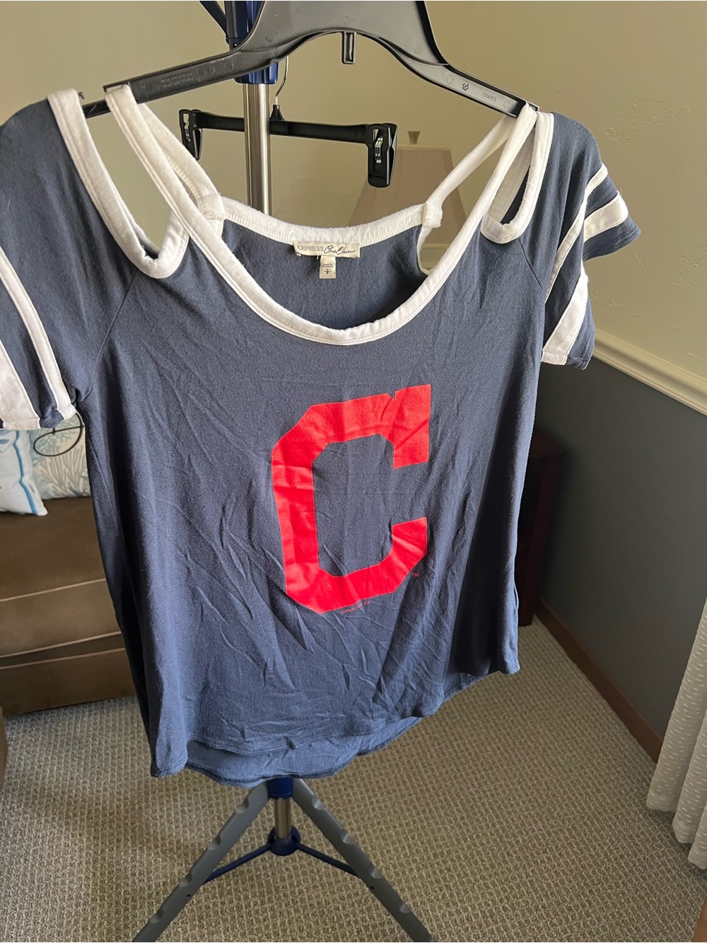 Express Blue/White/Red Colorblock Logo Scoop Neck Short Sleeve T-Shirt S # 166